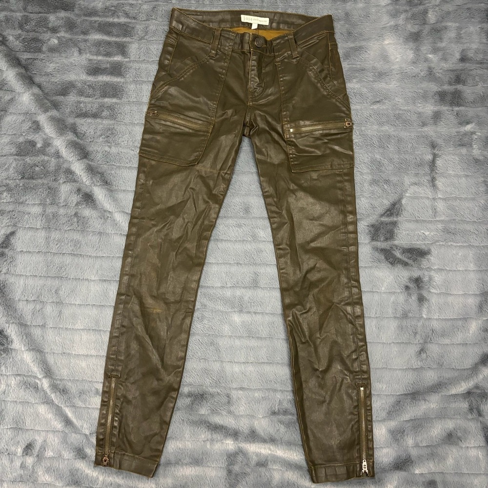 Joie Jeans Park Skinny B Coated Cargo Pants Olive Green Ankle Zip Size 26